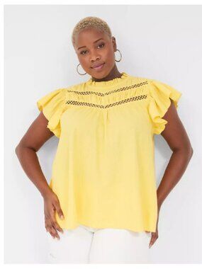 Lane Bryant Linen Blend Ruffle Sleeve Top Lemon Zest Yellow Size 18